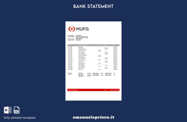 modello word di estratto conto bancario Mufg giapponese in stile verificato